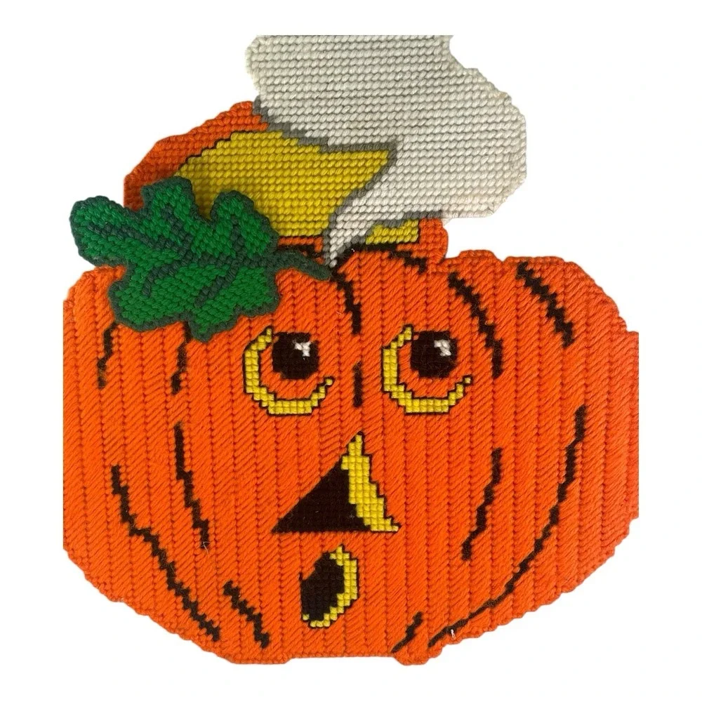 VTG 80's Halloween Handmade Cross Stitch Pumpkin Ghost Decor Large 18